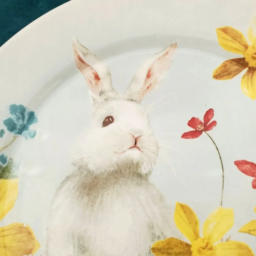 Pottery Barn Hilltop Garden Salad Plate White Bunny Spring Floral Print 8.5